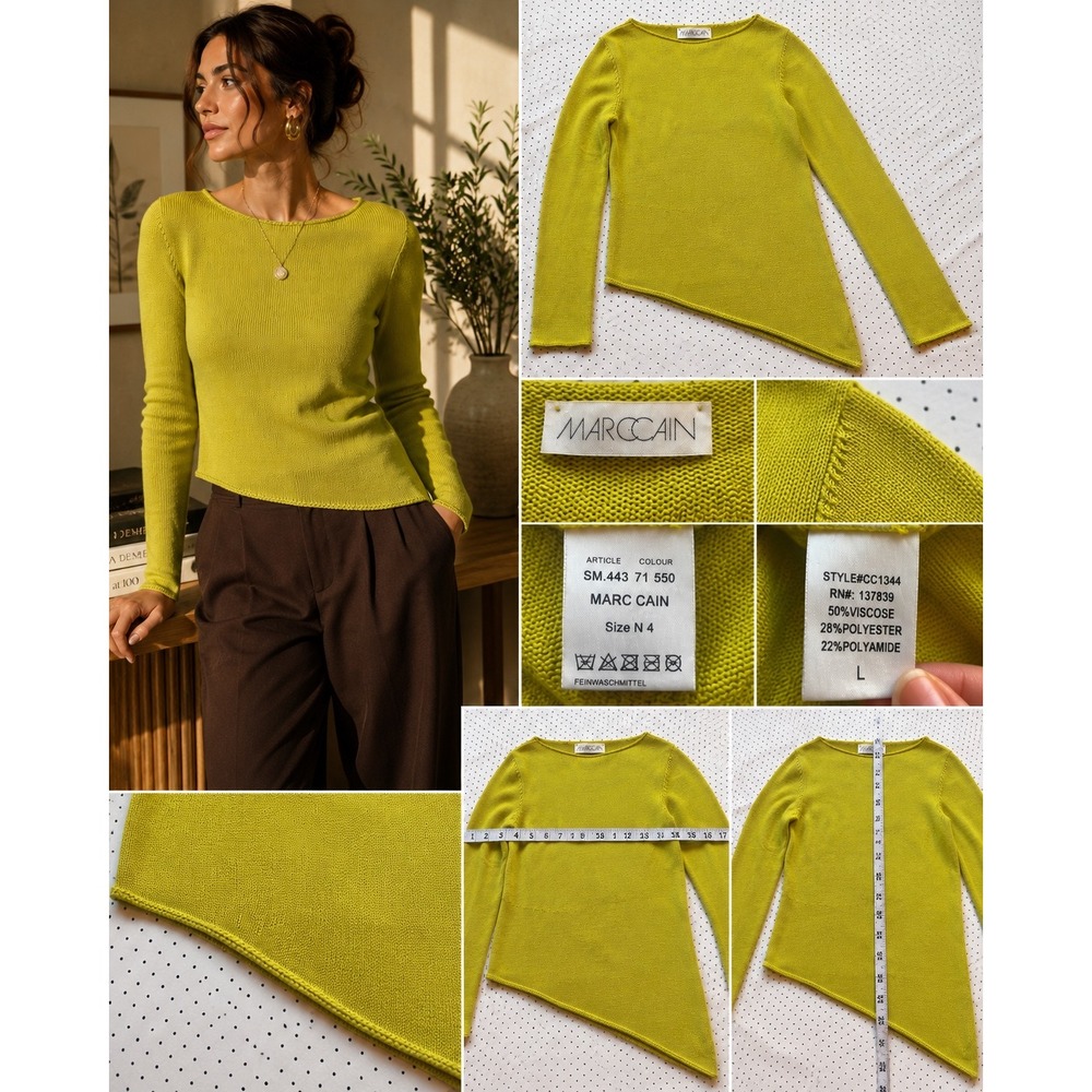 Marc Cain Chartreuse Lime Green Asymmetrical Knit Top Boat Neck Size N4 L